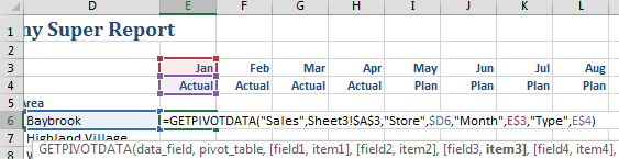 Change the formula to use cell references instead of hard-coded values. The resulting formula is =GETPIVOTDATA("Sales",Sheet3!$A$3,"Store",$D6,"Month",E$3,Type,E$4)