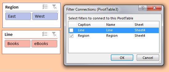 Select one pivot table. Go to Filter Connections on the Analyze tab. Connect the pivot table to both the Line and Region slicer by checking both checkboxes next to the list of Slicers.