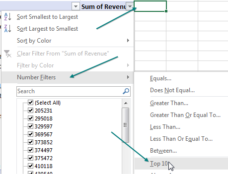 In contrast to the previous time you used Top 10, this time, you are opening a dropdown from the Sum of Revenue heading. Choose Number Filters, Top 10.