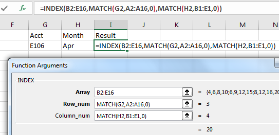 At this point, you have successfully entered a formula using one INDEX and two MATCH functions, all using the Function Arguments dialog.