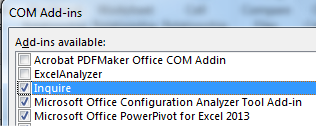 In the COM Add-ins dialog, Inquire is in the list but is not enabled. Check the box next to Inquire to load it.