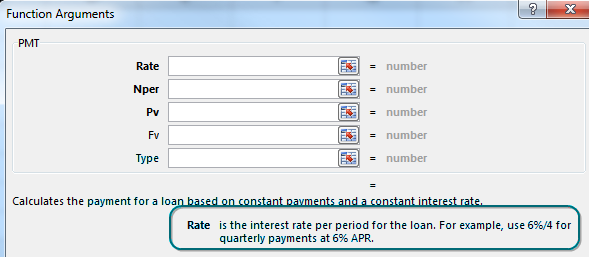 The Function Arguments dialog for PMT has boxes for the five arguments: Rate, NPER, PV, FV, and Type. The labels for the first three arguments are bold, indicating they are required. As you click into the rate box, help at the bottom gives an example of 6%/4 for quarterly payments at 6% interest.