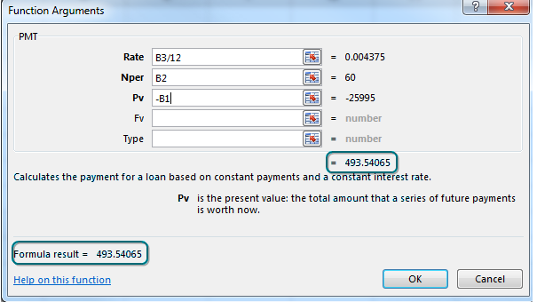 For the present value argument, type a minus sign and then click on B1. At this point, the three required arguments are entered, so the dialog box will show you the calculated answer of $493.