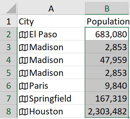 If El Paso is in A2, type =A2.Population in B2 to get the population of 683,080. Copy the formula down and you see the population for each city.