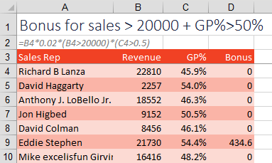 The formula starts out calculating a bonus with =B4*0.02. You then multiply that result with *(B4>20000)*(C4>0.5).