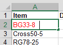 Cell A2 is in edit mode. This time, the flashing insertion point is a few cells away from the last character in the part number. This means there are trailing spaces.