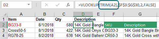 Change the formula to use TRIM: =VLOOKUP(TRIM(A2),$F$3:$G$30,2,False).