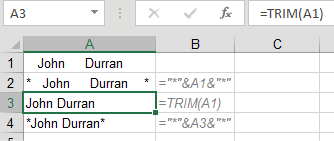 Here is how Trim works: Say that A1 has spaces, then Word1 then several spaces then Word2 then several spaces. =TRIM(A1) will return Word1 Space Word2. While TRIM removes all spaces before the first word and after the last word, it will leave a single space between words.