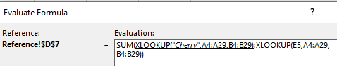 This shows the Evaluate Formula dialog just before evaluating the first XLOOKUP. This XLOOKUP appears just before a colon.