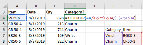 With XLOOKUP, there is no problem returning the Category from column F while looking up part numbers in column G. This was always VLOOKUP's weakness: it could not look to the left.