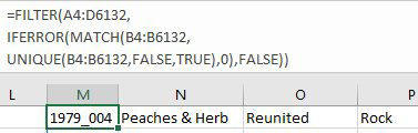 Use =FILTER(A4:D6132,IFERROR(MATCH(B4:B6132,UNIQUE(B4:B6132,False,True),0),False)) to return all four columns from the table.