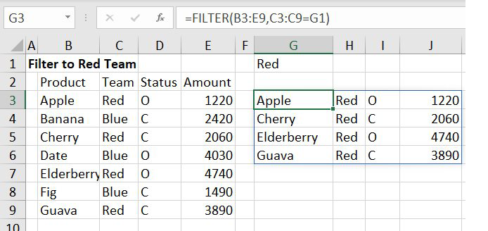 With Red entered in G1, you get all of the records for the red team returned to G3:J6.