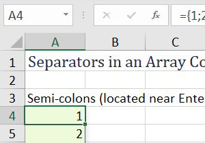 On the US keyboard, a semi-colon is near the Enter key. When you see a semi-colon, think "new row". In this screenshot, ={1;2;3} entered in A4 fills A4, A5, A6 with 1, 2, 3. Commas mean new column. A formula of ={1,2,3} entered in A9 fills A9:C9 with 1, 2, 3.