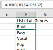 =UNIQUE(D4:D6132) returns a list of genres such as Rock, Easy, Vocal, Pop, R&B, Country, Folk