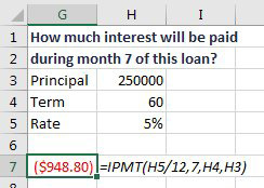 To calculate the interest during the 7th month of a loan, use =IPMT(H5/12,7,H4,H3). The next example will replace that 7 with a SEQUENCE function.