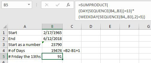 With dynamic arrays, the formula is =SUMPRODUCT(
(DAY(SEQUENCE(B4,,B3))=13)*
(WEEKDAY(SEQUENCE(B4,,B3),2)=5))
entered without Ctrl+Shift+Enter.