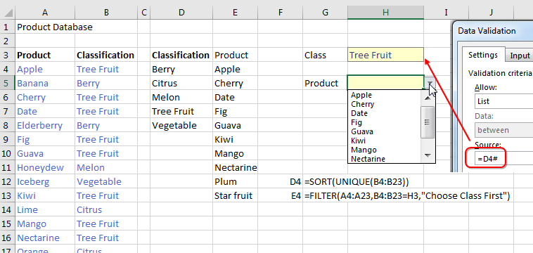 The product database in A4:B23 lists products and classes. A UNIQUE formula in D4 gets the UNIQUE of class. The person using the worksheet choose from a validation dropdown in H3. The source of that first validation uses the Spiller notation of =D4#. Once they have chosed a Class, then E4 gets a list of matching products with =SORT(FILTER(A4:A23,B4:B23=H3,"Choose Class First")). A second validation drop-down for Product is in H5. The source for that list is =E4#.