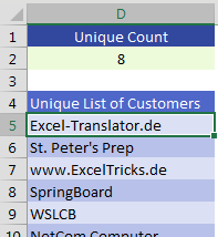 A helper formula in D2 counts the number of unique items in a list. Then, a formula returns the unique list in D5. See the next screenshot for the formula.