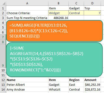 Before Dynamic Arrays, you would use: '{=SUM(
AGGREGATE(14,4,($B$13:$B$126=$B$2)
*($C$13:$C$126=$C$2)
*($D$13:$D$126),
ROW(INDIRECT("1:"&D2))))}.
 With Dynamic Arrays, the formula is =SUM(LARGE(FILTER(D13:D126,(B13:B126=B2)*(C13:C126=C21)),SEQUENCE(D2)))