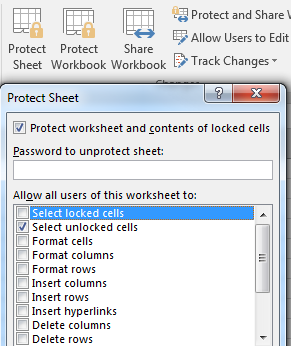 Use the Protect Sheet icon on the Review tab. You can choose what people can do to a protected sheet. In this screenshot, only Select Unlocked Cells is available.