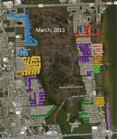 14 housing allotments are plotted in different colors. In this view from directly overhead, you can't really make out the height of the columns. This view is from March 2013.