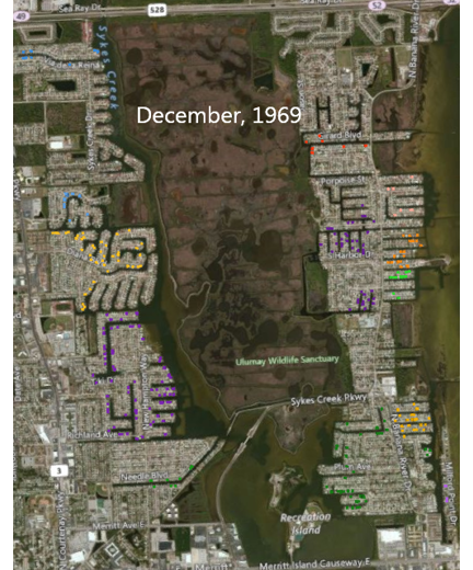 Drag the time scrubber back to December 1969 and only 2 of the housing allotments are fully built out. A few scattered houses in newer allotments are just starting to appear.