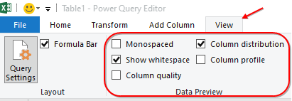 The View tab in Power Query now offers a Data Preview group with five checkboxes:  Monospaced, Show Whitespace, Column Quality, Column Distribution, and Column Profile.