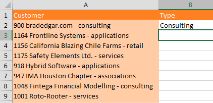 In this case, column A contains three fields. An account number, the account name, a hypen, and then the industry in lower case.  Type the first industry in B2, using Proper Case.