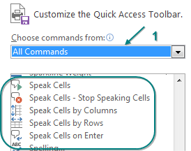 The five commands to add to the Quick Access Toolbar: Speak Cells, Speak Cells - Stop Speaking Cells, Speak Cells by Columns, Speak Cells by Rows, Speak Cells on Enter.